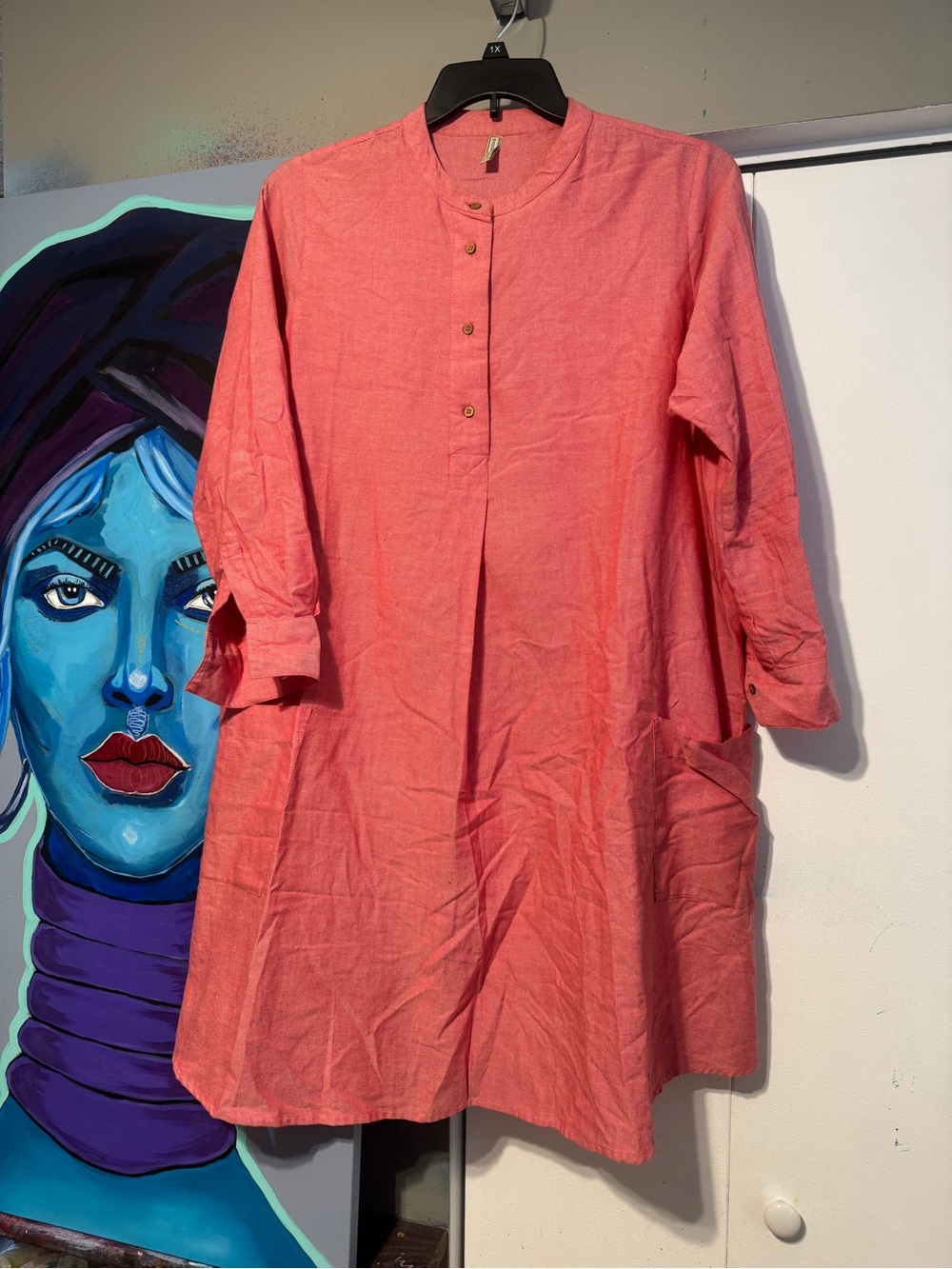 Embellish Pink/red Cotton Kurti Tunic Dress Mandarin Collar sz L/ XL